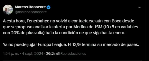 Fenerbahce no le respondió a Boca aún.