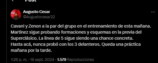 Augusto César adelantó la posible formación de Boca.