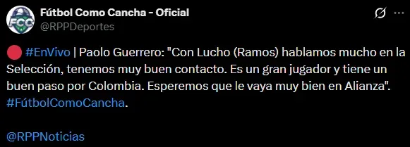 Paolo Guerrero, sobre Luis Ramos (X @RPPDeportes).