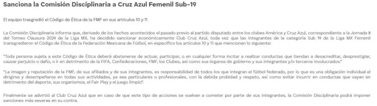 Sanción confirmada a las Sub-19 femenil de Cruz Azul