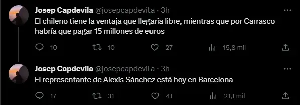 El periodista Josep Capdevila avisa del interés del Barcelona por Alexis Sánchez.