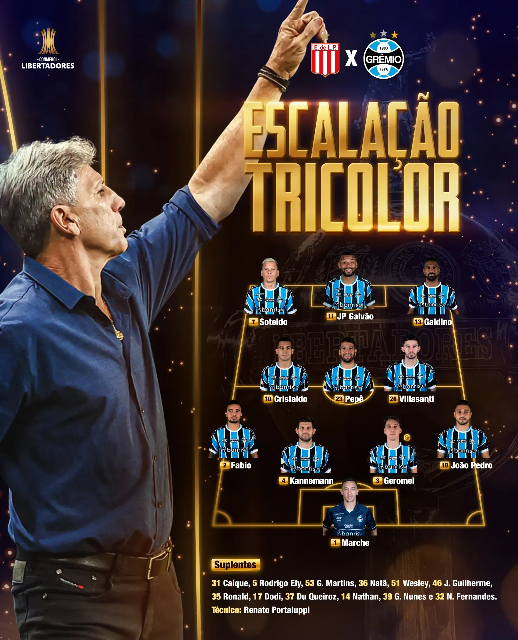 Escalação do Grêmio. Foto: rede social X / Grêmio.
