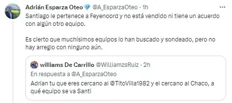 El tuit de Adrián Esparza sobre Santi Giménez. (@A_EsparzaOteo)