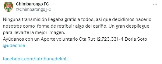 Chimbarongo pide aportes para financiar la transmisión del amistoso contra la U.