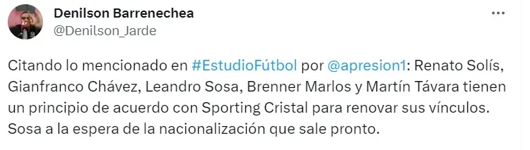 Sporting Cristal decidió el futuro de Brenner Marlos y 4 cracks más. | Créditos: Twitter @Denilson_Jarde.