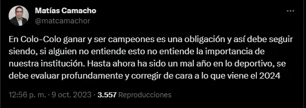 El mensaje de Matías Camacho tras la caída de Colo Colo vs Palestino.