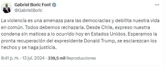 Presidente Gabriel Boric repudiendo el hecho en su cuenta de X.