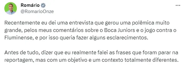 Así comenzó el hilo de Twitter de Romario para ”aclarar” su exabrupto contra Boca.