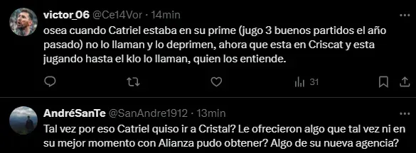 Hinchas molestos por llamado de Catriel Cabellos (Foto: X).