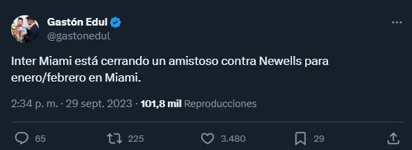 La información de Edul sobre el amistoso Messi-Inter Miami-Newell’s (Twitter @gastonedul).