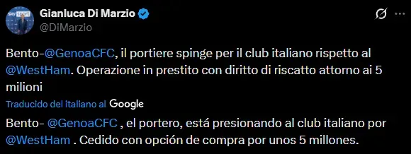 Bento presiona para ir a Genoa (X @DiMarzio).