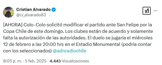 Captura de la cuenta de X con información del periodista Cristián Alvarado