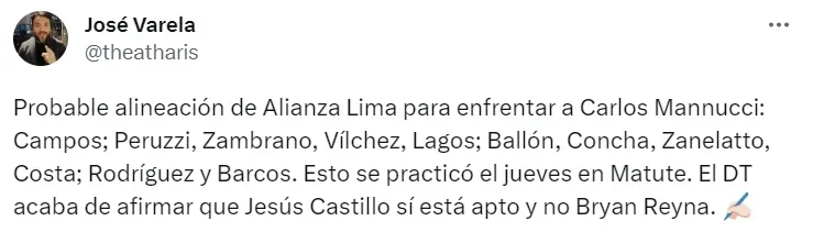 Posible 11 de Alianza Lima sin Bryan Reyna ni Christian Cueva. | Créditos: Twitter @theatharis.