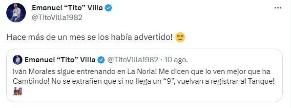 La advertencia de Tito Villa con Iván Morales (Twitter)