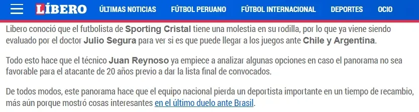 ¿Joao Grimaldo quedó fuera de la Selección Peruana? | Créditos: Captura diario Libero.