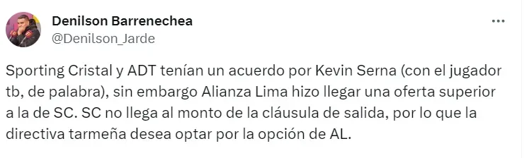 ¿Kevin Serna jugará en Alianza Lima o Sporting Cristal? | Créditos: Denilson Barrenechea.