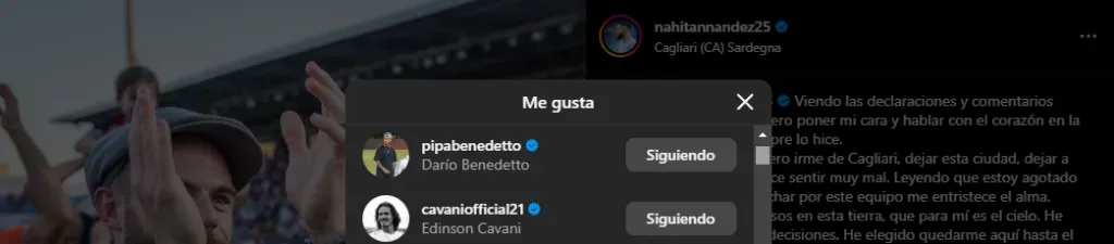 El like de Benedetto y Cavani en el posteo de Nández