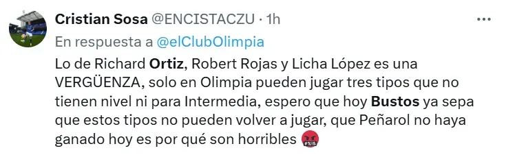 Críticas a Bustos por culpa de un jugador de Olimpia. (Foto: Captura de X)