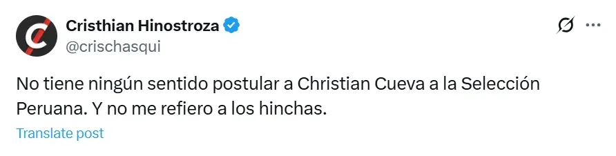 Tweet de hincha peruano sobre Christian Cueva.