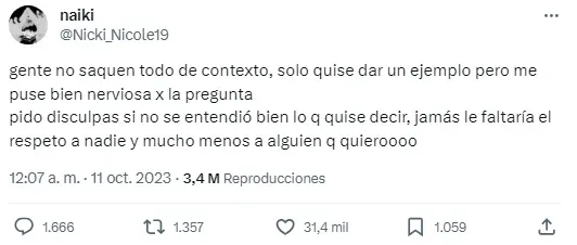 El mensaje de Nicki Nicole en sus redes sociales.