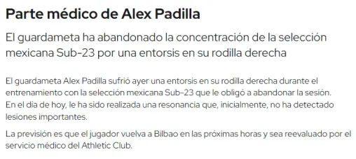 El comunicado oficial de Athletic Club sobre la lesión de Alex Padilla