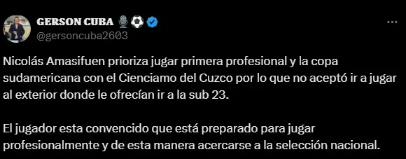 Nicolás Amasifuén se queda en Perú (Foto: X).