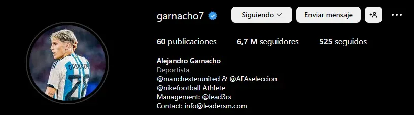 Así luce la nueva biografía de Garnacho en Instagram