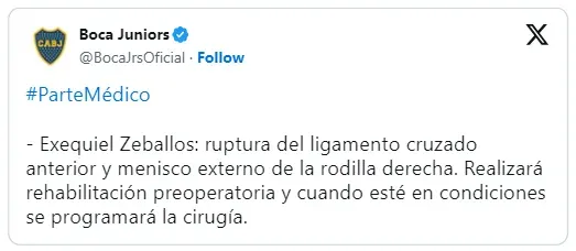 Parte médico de Boca sobre Zeballos