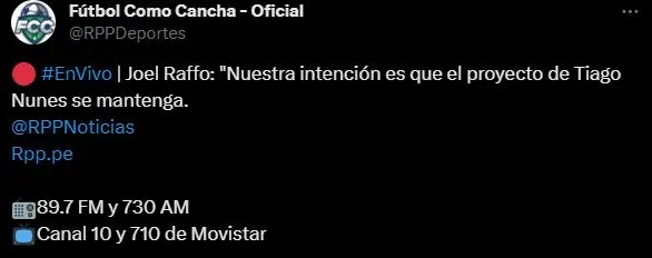 Joel Raffo, presidente de Sporting Cristal, declaró en RPP Noticias. (Foto: Twitter).