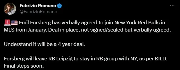 Forsberg jugará en la MLS, confirmó Fabrizio Romano.