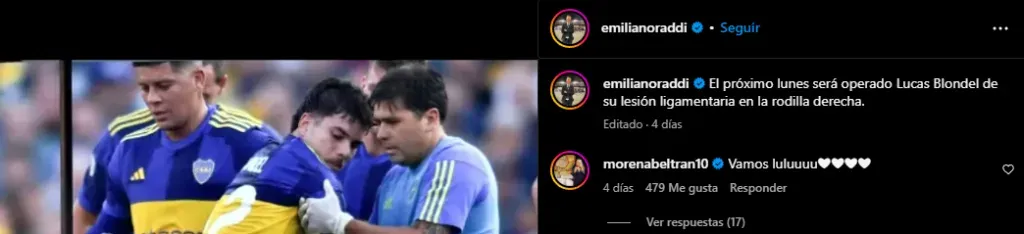 Posteo de Emiliano Raddi que mostraron en ESPN para revelar el apodo que Morena Beltrán le puso a Blondel