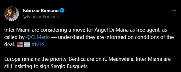 Romano informo interés de Inter Miami por Di María (Foto: Twitter / @FabrizioRomano)