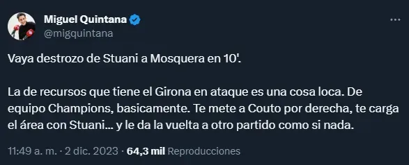 Stuani y una actuación elogiada por la prensa española (Twitter @migquintana).