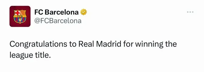 El tuit con el que Barcelona felicitó al Real Madrid.