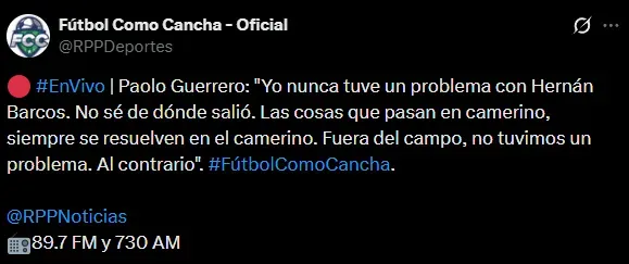 Paolo Guerrero, sobre Hernán Barcos (X @RPPDeportes).