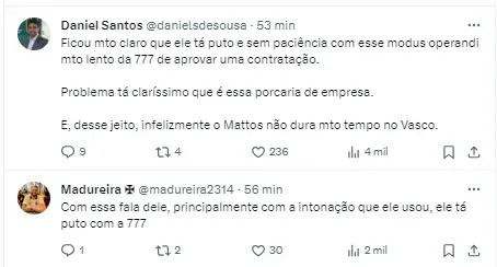 Torcida comenta sobre entrevista de Alexandre Mattos no Vasco