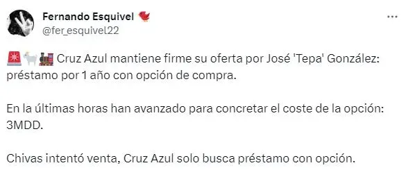 Cruz Azul le ofreció esto a Chivas por Tepa González (Twitter)