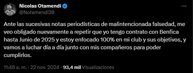 El mensaje de Otamendi en su cuenta de X, descartando la posibilidad de llegar a River en enero.