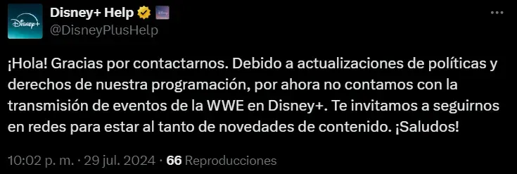 Disney+ no tiene los derechos de transmisión de WWE.