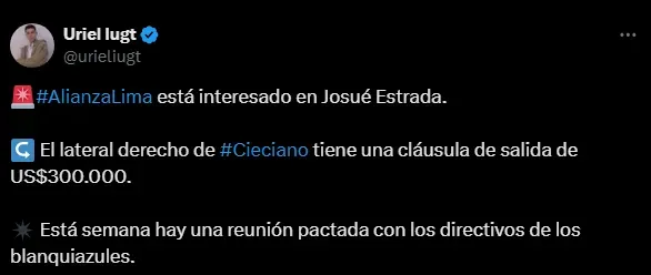 Josué Estrada en la mira de Alianza Lima (Foto: X).