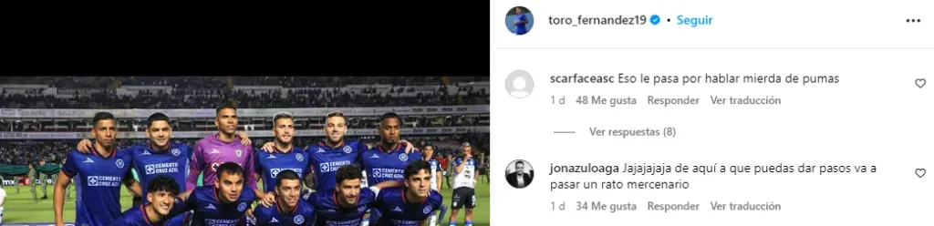 Comentarios de fanáticos de Pumas en las redes del Toro Fernándes