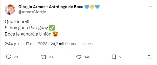 La predicción de Giorgio Armas en Twitter.