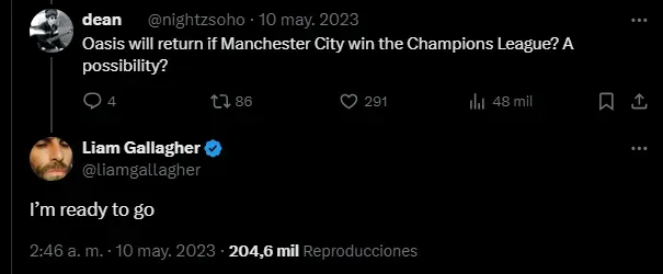 Liam Gallagher había admitido la posibilidad de un regreso de Oasis si el City ganaba la Champions.