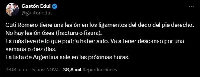 Gastón Edul confirmó la lesión de Cuti Romero. (vía X)