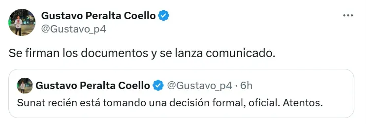 Información sobre decisión de SUNAT. (Foto: X Gustavo Peralta)