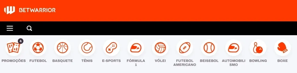Captura de tela demonstrando os esportes disponíveis para apostar na BetWarrior. 