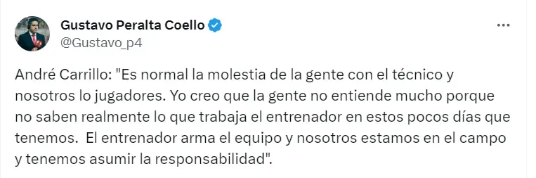 André Carrillo declaró sobre Juan Reynoso en la Selección Peruana. | Créditos: Twitter Gustavo Peralta.