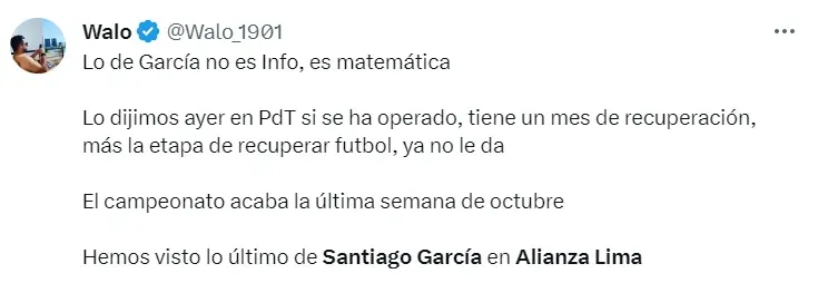 Santiago García no jugará más en Alianza Lima. Foto: @walo_1901.