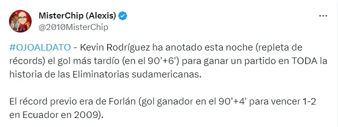 Por este dato Kevin Rodríguez pasó a la historia de las Eliminatorias Sudamericanas. Captura de pantalla: @2010MIsterChip