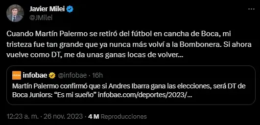 El tuit de Milei a favor de Palermo como DT de Boca